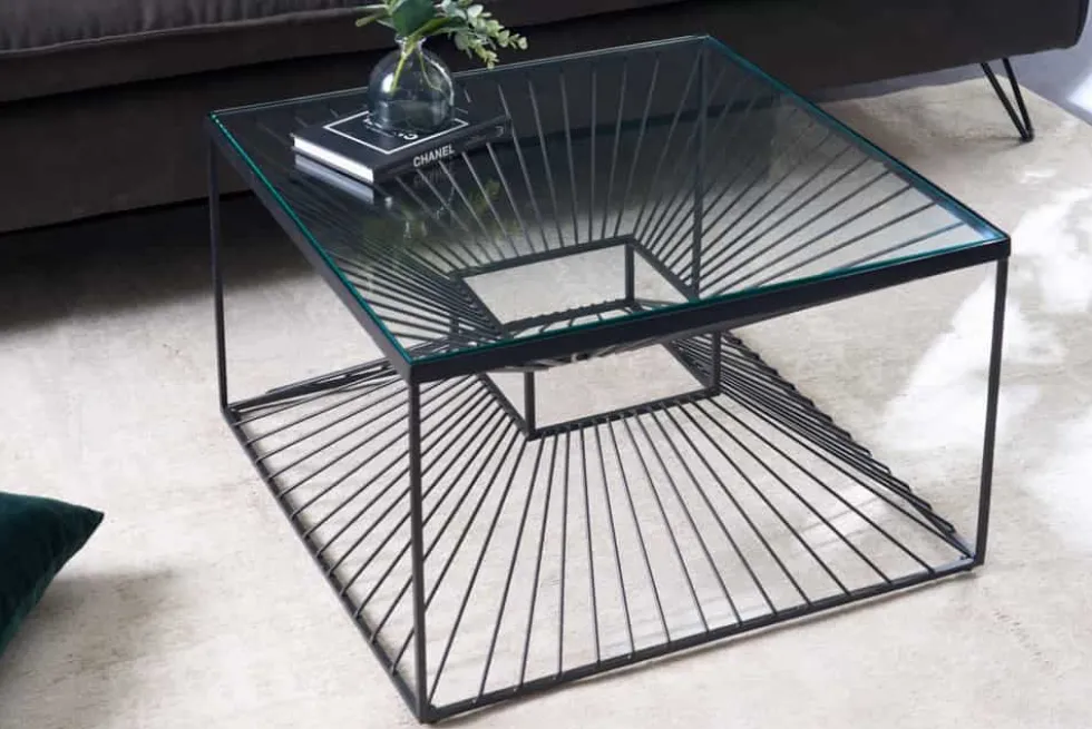 Abstrakter Couchtisch ILLUSION 60cm schwarz Metall Glas handmade modernes Design