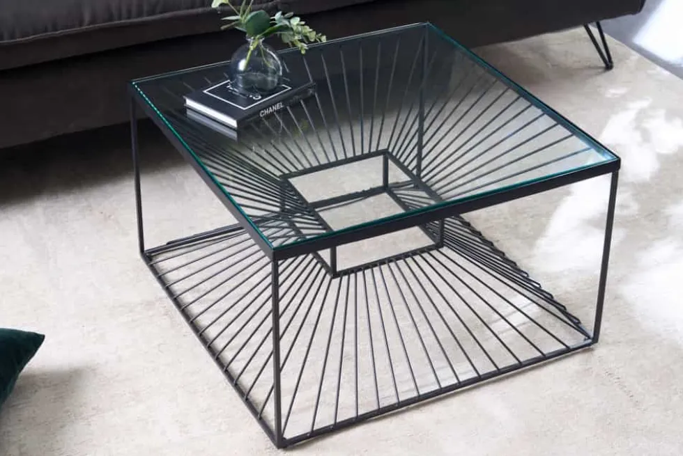 Abstrakter Couchtisch ILLUSION 60cm schwarz Metall Glas handmade modernes Design