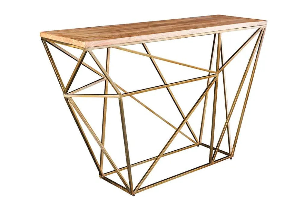 Abstrakter Konsolentisch DIAMOND 120cm natur messing Mangoholz Metallgestell