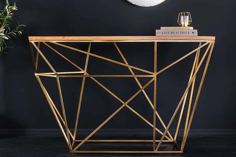 Abstrakter Konsolentisch DIAMOND 120cm natur messing Mangoholz Metallgestell
