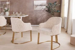Armlehnen Stuhl EXTRAVAGANCIA beige Chenillestoff brushed champagner gold Metall