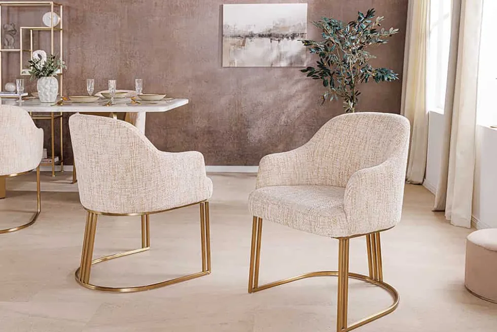 Armlehnen Stuhl EXTRAVAGANCIA beige Chenillestoff brushed champagner gold Metall