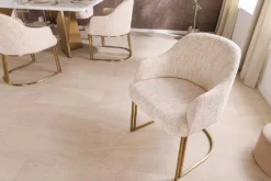 Armlehnen Stuhl EXTRAVAGANCIA beige Chenillestoff brushed champagner gold Metall