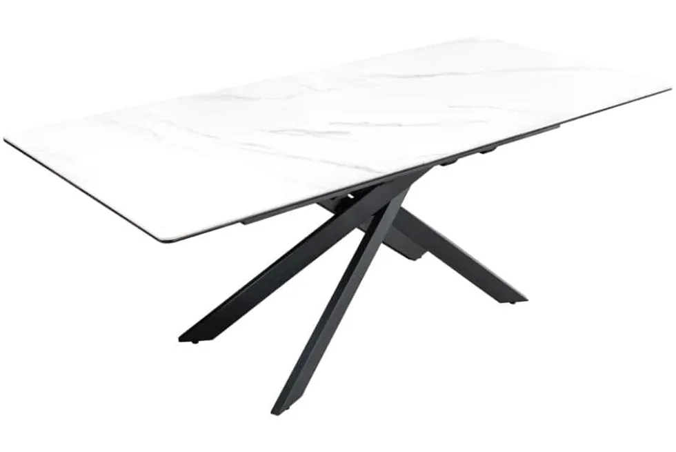 Ausziehbarer Esstisch ALPINE 160-200cm weiß Keramik Marmor schwarzes Metallgestell