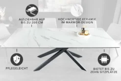 Ausziehbarer Esstisch ALPINE 160-200cm weiß Keramik Marmor schwarzes Metallgestell