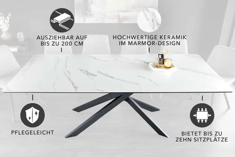 Ausziehbarer Esstisch ALPINE 160-200cm weiß Keramik Marmor schwarzes Metallgestell