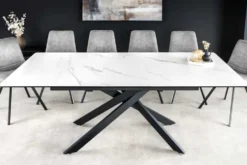 Ausziehbarer Esstisch ALPINE 160-200cm weiß Keramik Marmor schwarzes Metallgestell