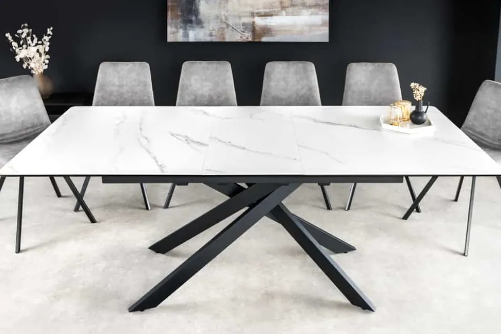 Ausziehbarer Esstisch ALPINE 160-200cm weiß Keramik Marmor schwarzes Metallgestell