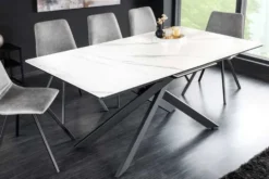 Ausziehbarer Esstisch ALPINE 160-200cm weiß Keramik Marmor schwarzes Metallgestell