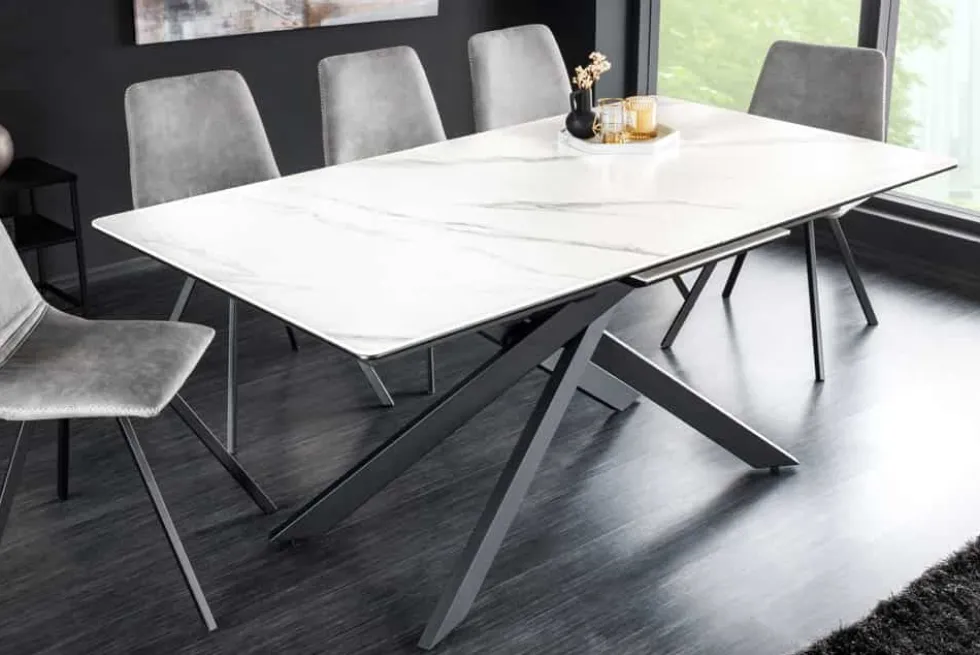 Ausziehbarer Esstisch ALPINE 160-200cm weiß Keramik Marmor schwarzes Metallgestell