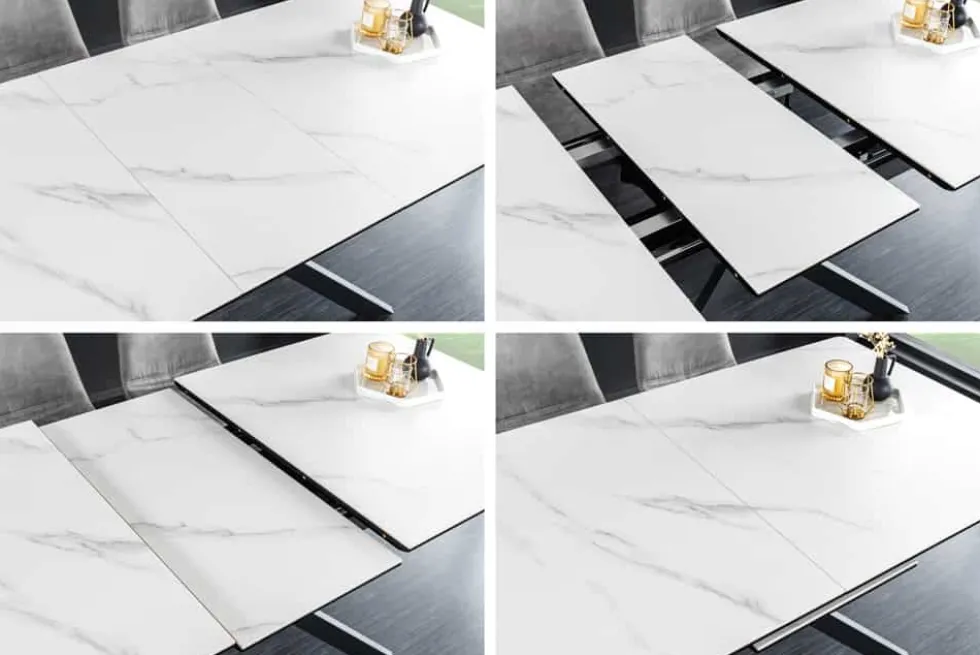 Ausziehbarer Esstisch ALPINE 160-200cm weiß Keramik Marmor schwarzes Metallgestell
