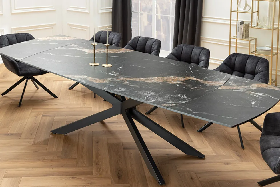 Ausziehbarer Esstisch COSMOS 160-240cm Aurora Oro schwarz gold sand Keramik Metallgestell