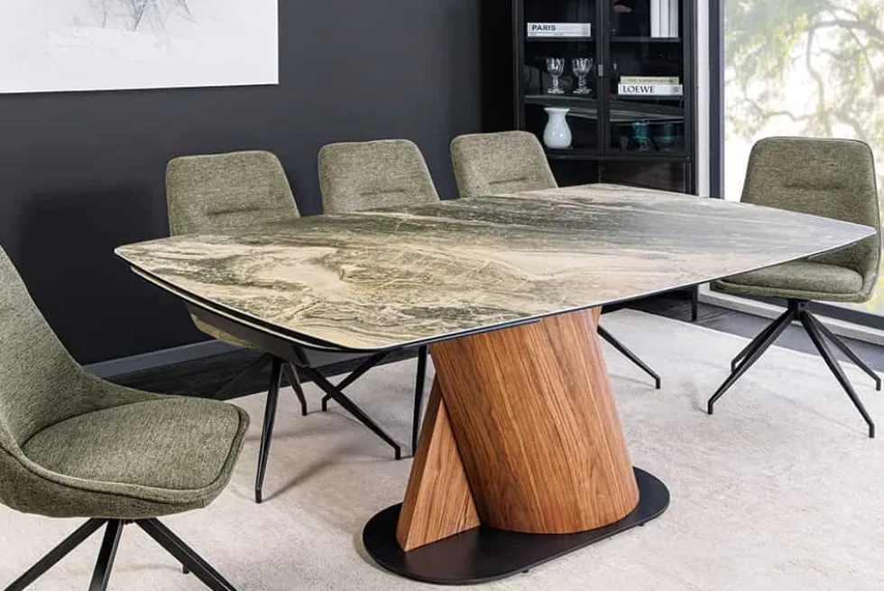 Ausziehbarer Esstisch ELEMENTS 180-260cm taupe beige spanischer Keramik Walnuss Gestell