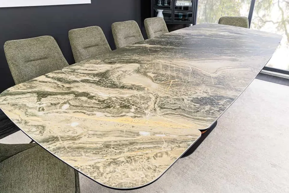 Ausziehbarer Esstisch ELEMENTS 180-260cm taupe beige spanischer Keramik Walnuss Gestell