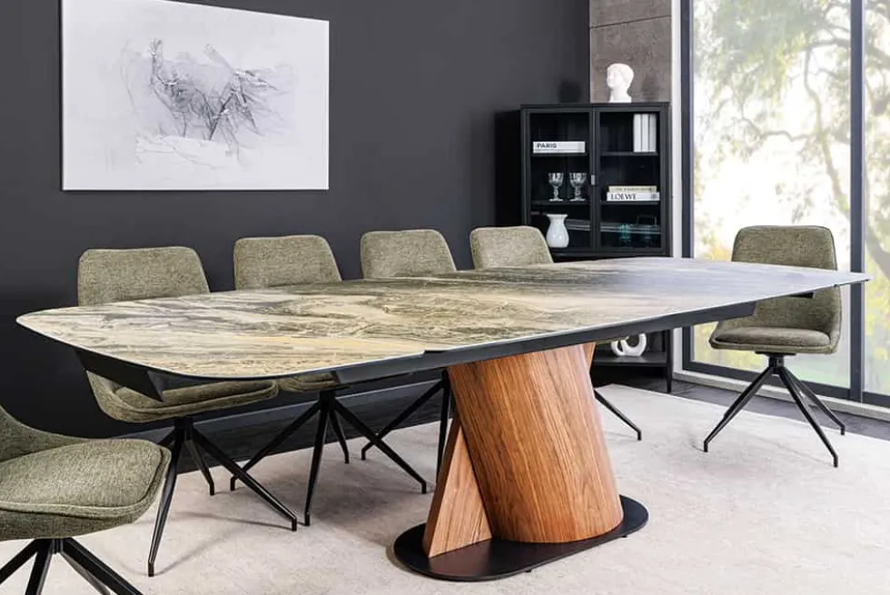 Ausziehbarer Esstisch ELEMENTS 180-260cm taupe beige spanischer Keramik Walnuss Gestell