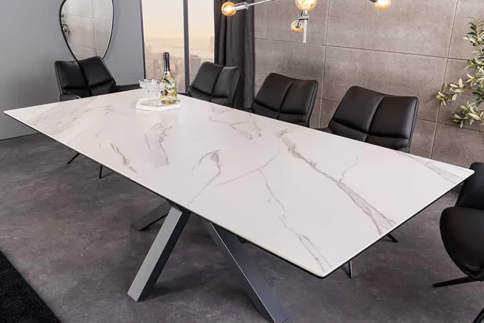 Ausziehbarer Esstisch ETERNITY 160-200cm weiß Keramik schwarz Metall