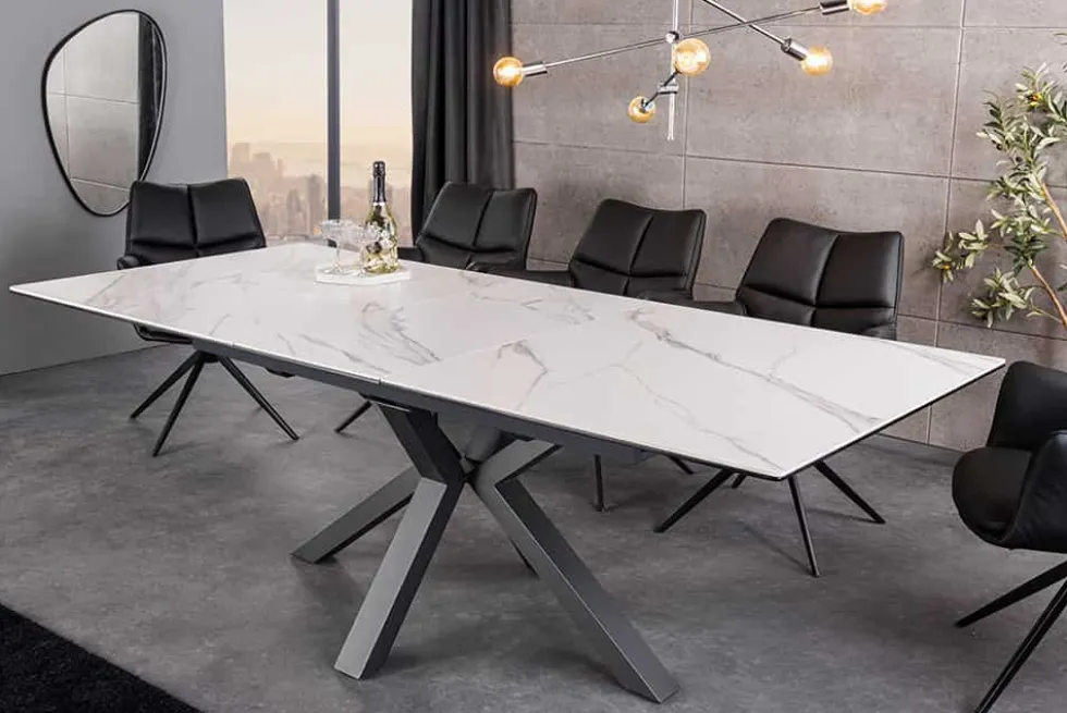 Ausziehbarer Esstisch ETERNITY 160-200cm weiß Keramik schwarz Metall