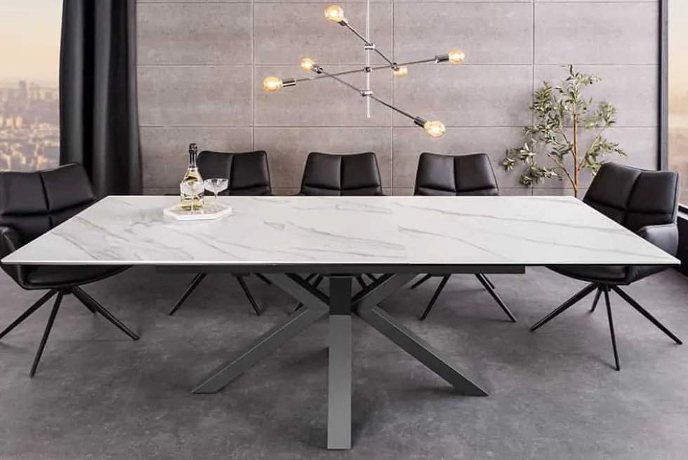 Ausziehbarer Esstisch ETERNITY 160-200cm weiß Keramik schwarz Metall