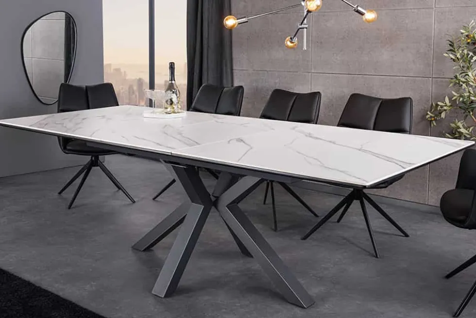 Ausziehbarer Esstisch ETERNITY 160-200cm weiß Keramik schwarz Metall