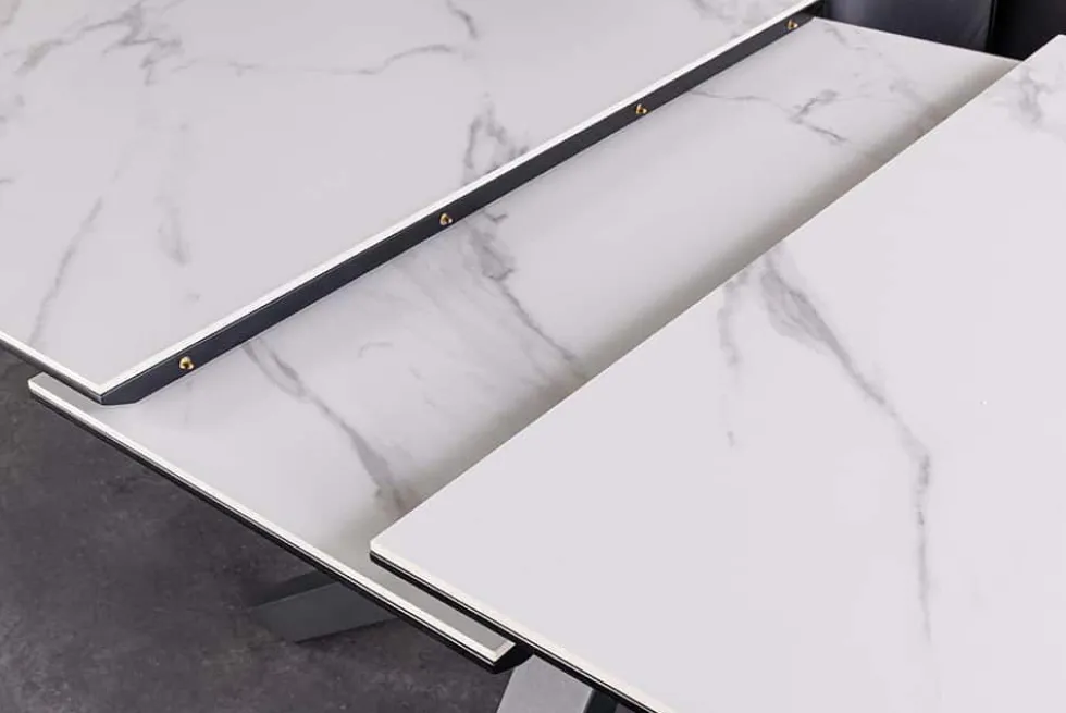 Ausziehbarer Esstisch ETERNITY 160-200cm weiß Keramik schwarz Metall
