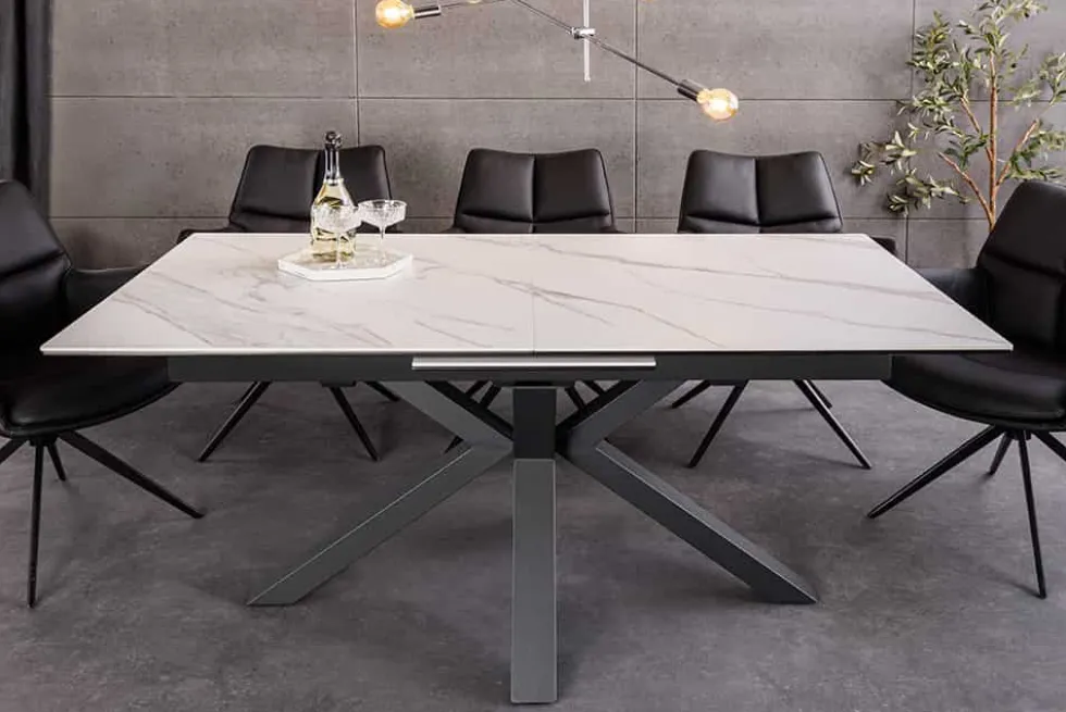 Ausziehbarer Esstisch ETERNITY 160-200cm weiß Keramik schwarz Metall