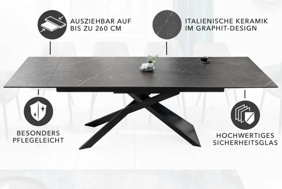 Ausziehbarer Esstisch EUPHORIA 180-220-260cm Graphit Keramik made in Italy