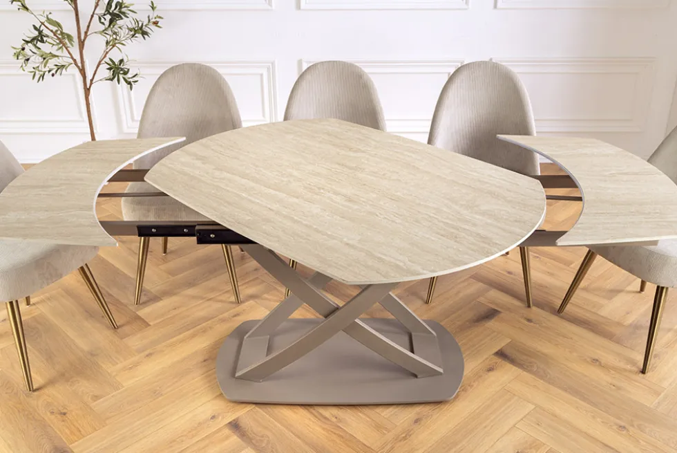 Ausziehbarer Esstisch INCEPTION 130-190cm oval Travertin Keramik champagner greige