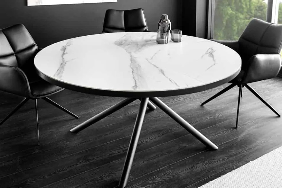 Ausziehbarer Esstisch MIKADO 120-160cm weiß Keramik oval schwarz Sterngestell