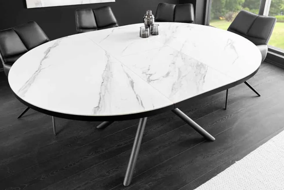 Ausziehbarer Esstisch MIKADO 120-160cm weiß Keramik oval schwarz Sterngestell