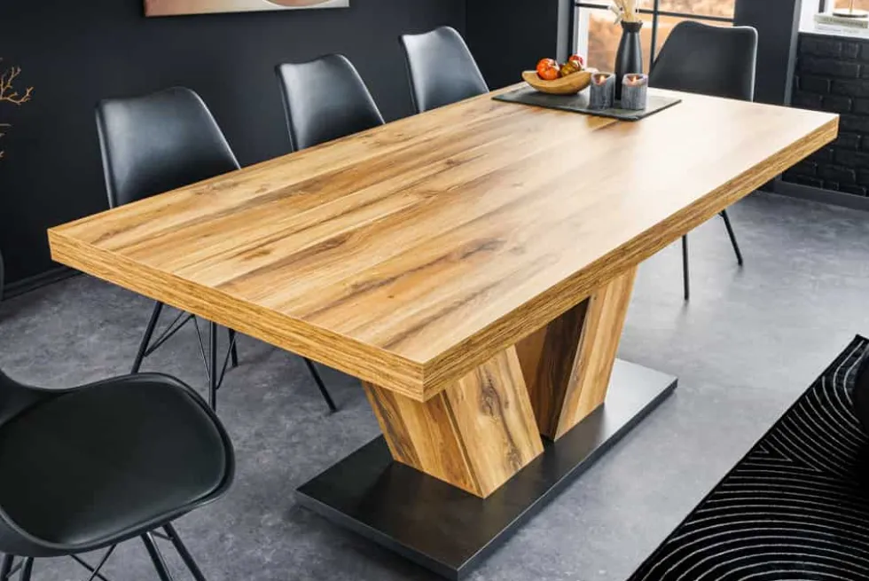 Ausziehbarer Esstisch MONTREAL 180-280cm natur Plankeneiche Holz-Design V-Gestell