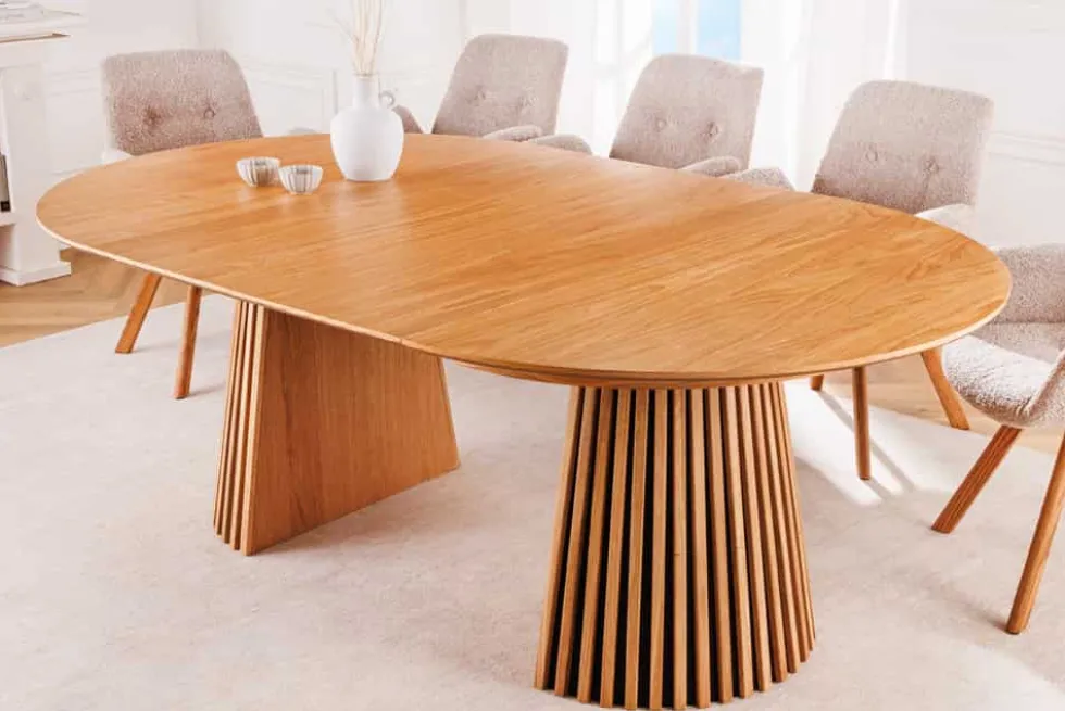 Ausziehbarer Esstisch VALHALLA WOOD 120-160-200cm natur Eichenholz oval Säulenfuß