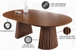 Ausziehbarer Esstisch VALHALLA WOOD 120-160-200cm smoked braun Eichenholz Säulenfuß