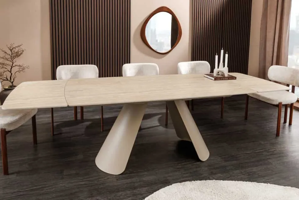 Ausziehbarer Esstisch VOGUE 160-240cm beige Keramik Travertin Metall champagner greige
