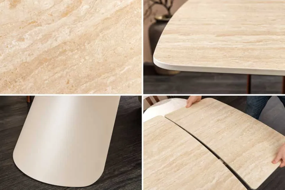 Ausziehbarer Esstisch VOGUE 160-240cm beige Keramik Travertin Metall champagner greige
