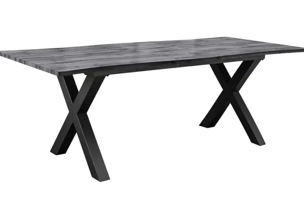 Ausziehbarer Esstisch WILD 180-220cm grau gekälkt Wildeichen-Design Baumkante schwarz