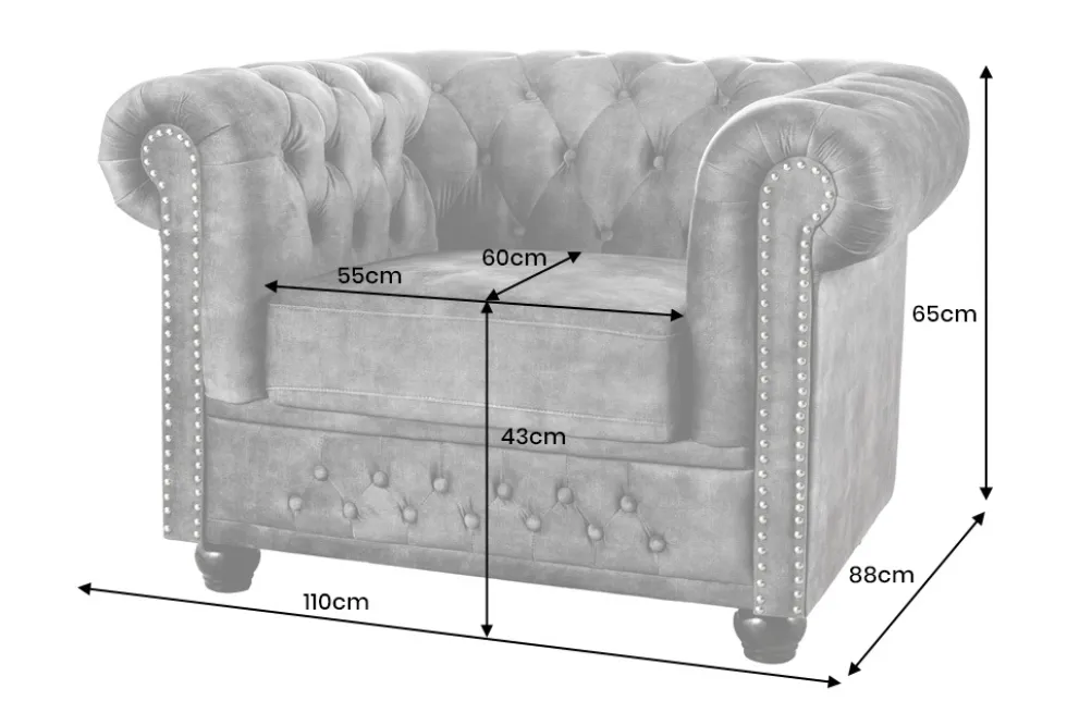 Barocker Sessel CHESTERFIELD grau Samt Federkern mit Knopfheftung