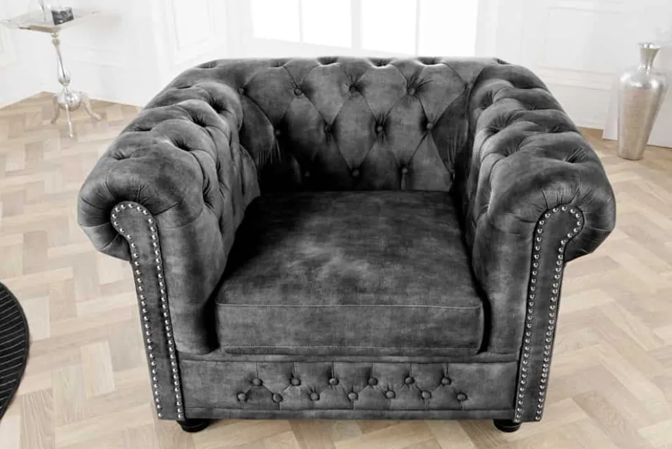 Barocker Sessel CHESTERFIELD grau Samt Federkern mit Knopfheftung