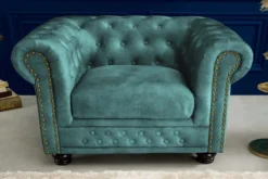 Barocker Sessel CHESTERFIELD petrol Samt Federkern goldene Nieten mit Knopfheftung