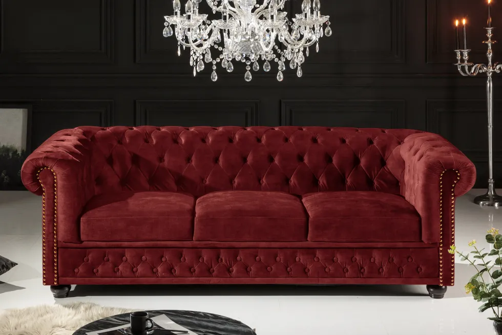 Barock Sofa CHESTERFIELD 205cm rot Samt Federkern Knopfheftung 3-Sitzer Couch