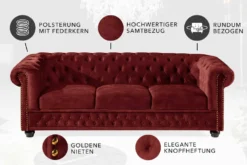 Barock Sofa CHESTERFIELD 205cm rot Samt Federkern Knopfheftung 3-Sitzer Couch