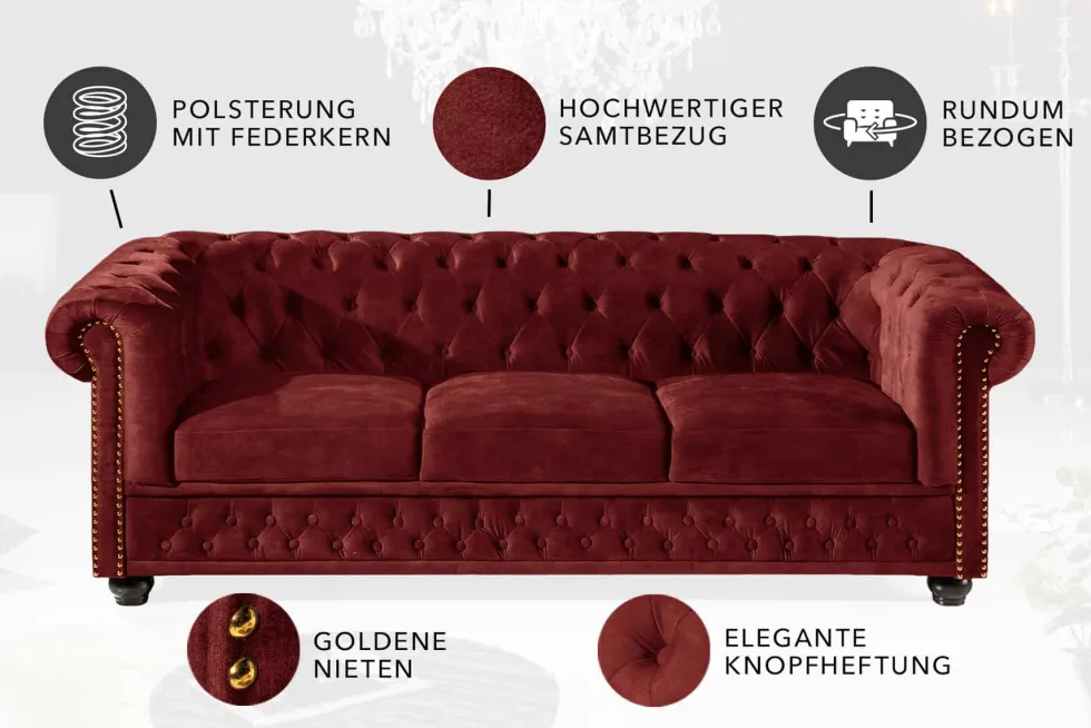 Barock Sofa CHESTERFIELD 205cm rot Samt Federkern Knopfheftung 3-Sitzer Couch