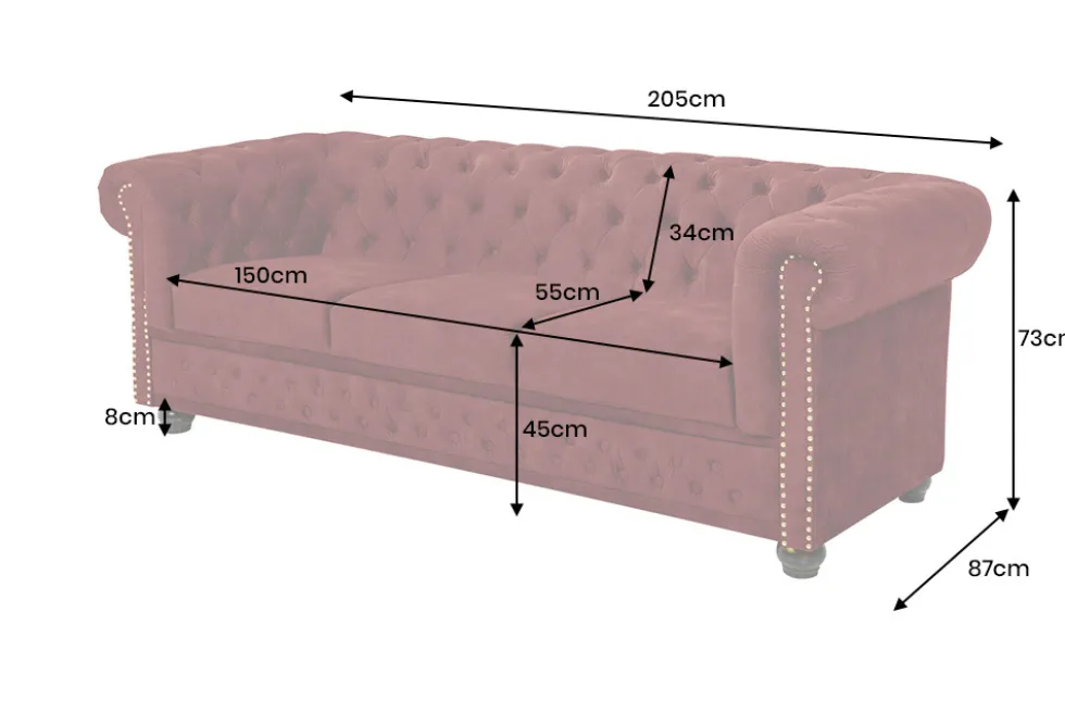 Barock Sofa CHESTERFIELD 205cm rot Samt Federkern Knopfheftung 3-Sitzer Couch
