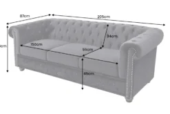 Barock Sofa CHESTERFIELD 205cm schwarz Samt Federkern Knopfheftung 3-Sitzer Couch