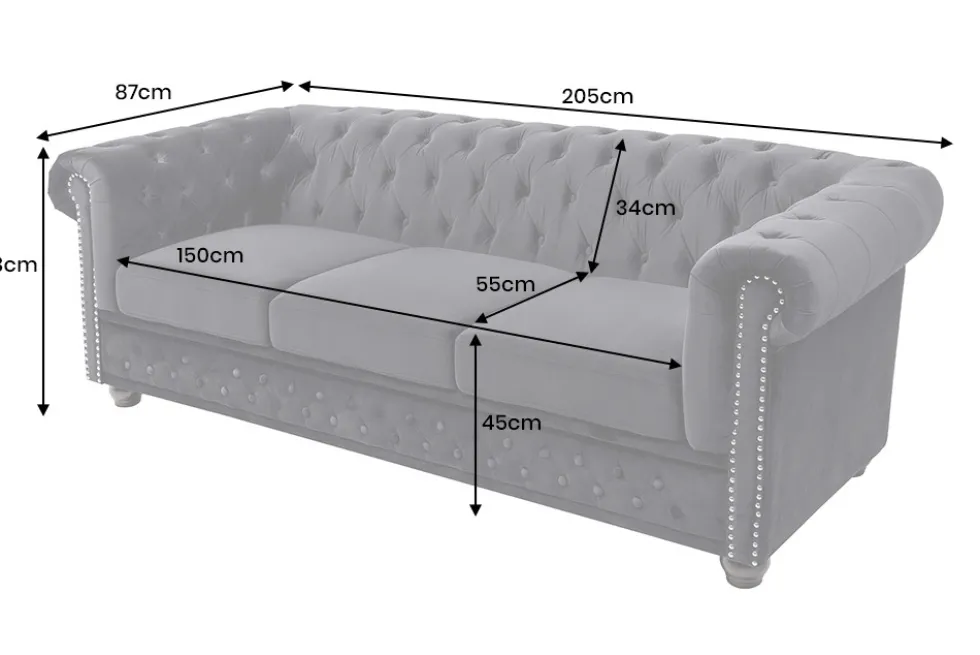 Barock Sofa CHESTERFIELD 205cm schwarz Samt Federkern Knopfheftung 3-Sitzer Couch