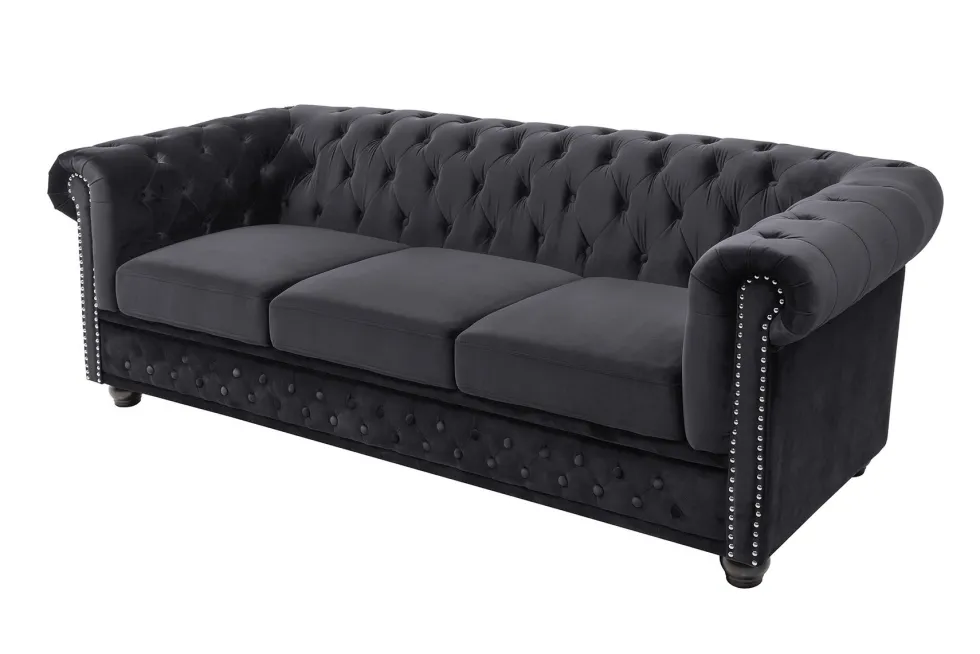 Barock Sofa CHESTERFIELD 205cm schwarz Samt Federkern Knopfheftung 3-Sitzer Couch