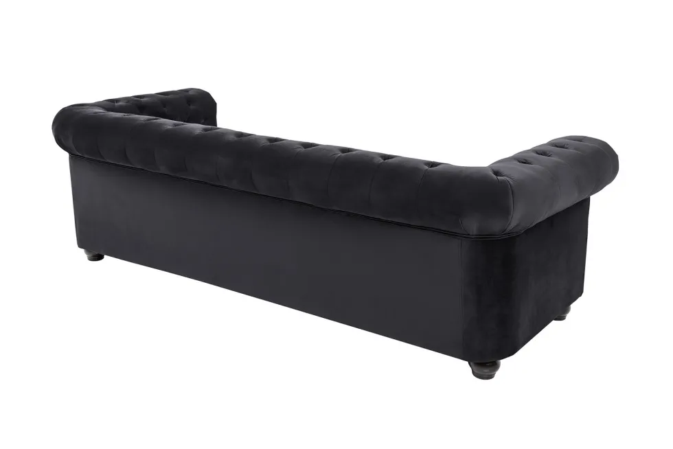 Barock Sofa CHESTERFIELD 205cm schwarz Samt Federkern Knopfheftung 3-Sitzer Couch