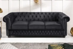 Barock Sofa CHESTERFIELD 205cm schwarz Samt Federkern Knopfheftung 3-Sitzer Couch