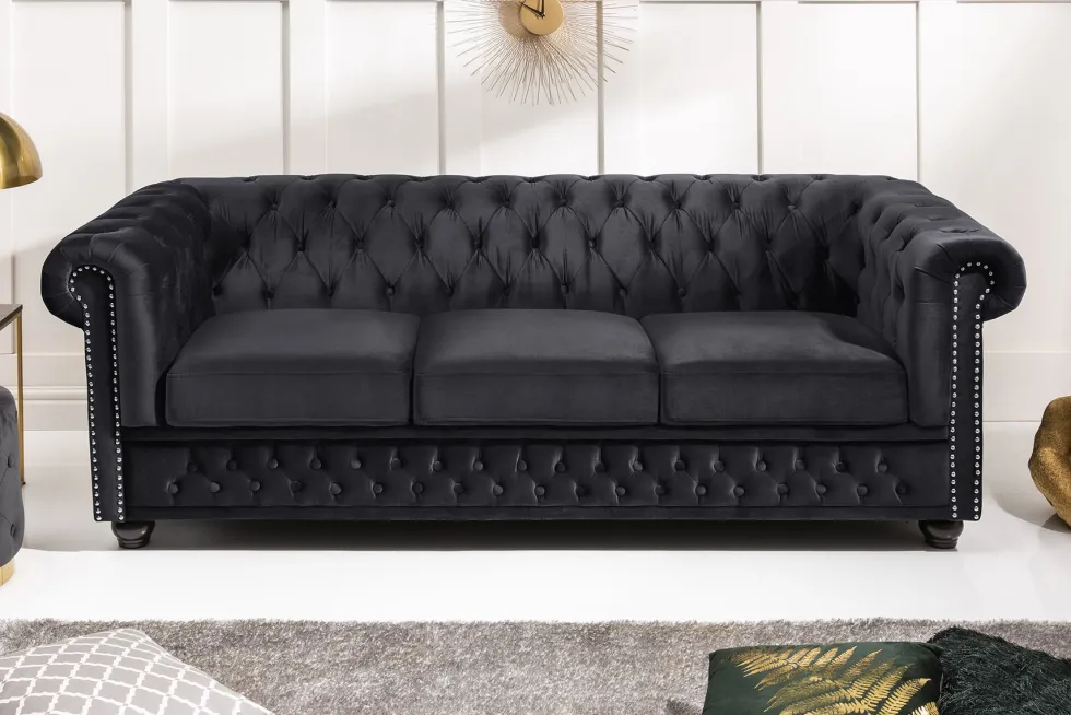 Barock Sofa CHESTERFIELD 205cm schwarz Samt Federkern Knopfheftung 3-Sitzer Couch