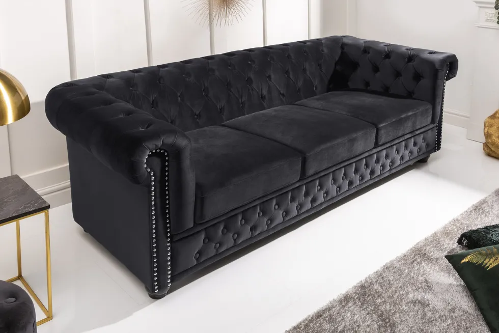 Barock Sofa CHESTERFIELD 205cm schwarz Samt Federkern Knopfheftung 3-Sitzer Couch