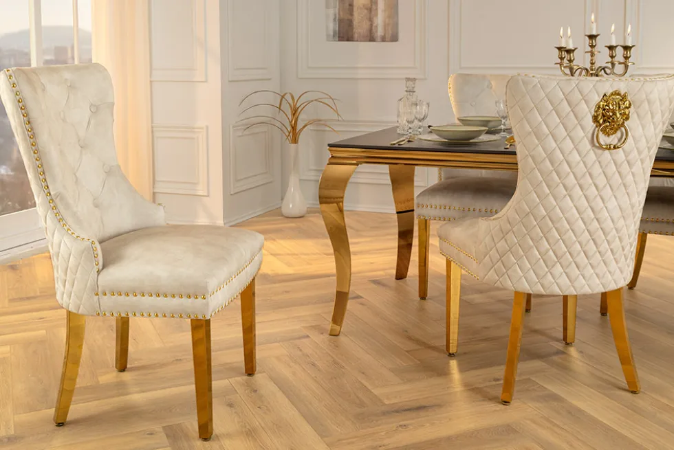 Barock Stuhl CASTLE DELUXE beige Samt gold Edelstahl mit Löwenkopf Ziernieten